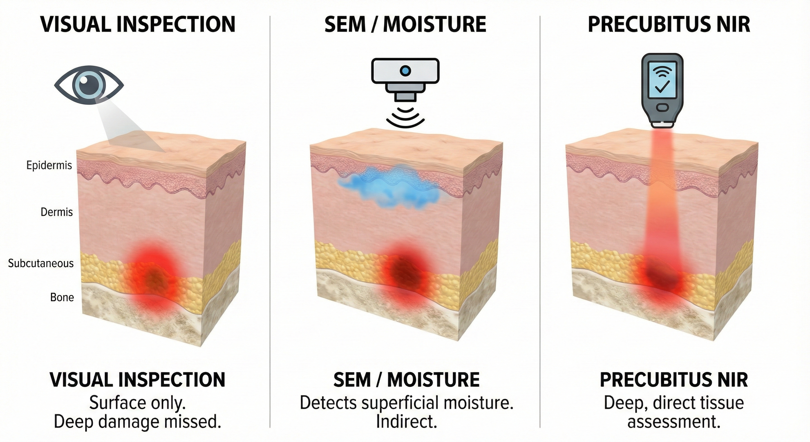 Infographic vergelijking: Visuele inspectie vs SEM vs Precubitus NIR technologie dwarsdoorsnede huid